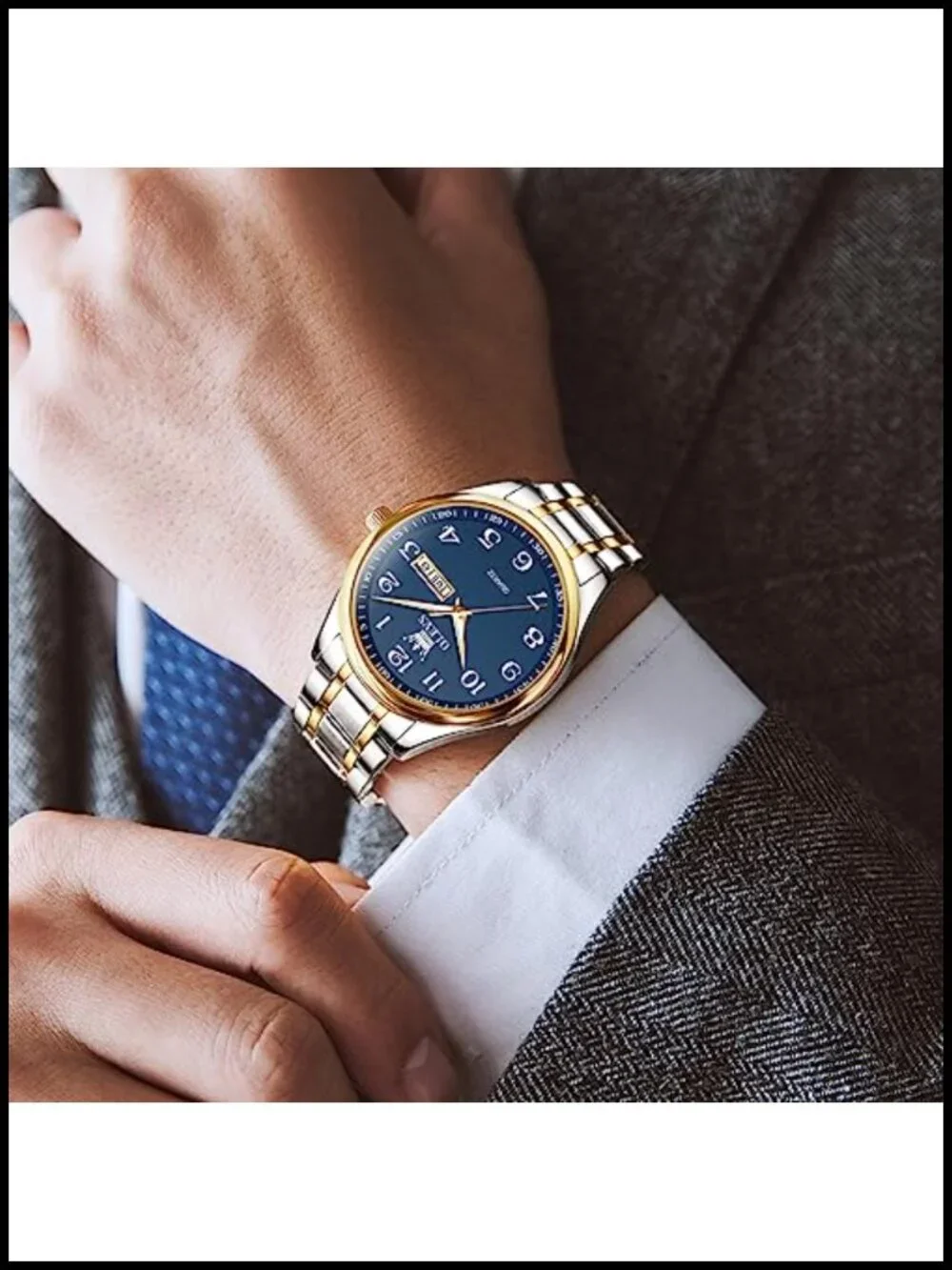 Men's Stainless Steel Analog Watch with Date Window, Classic Quartz Wrist Watch